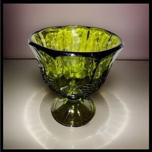 Vintage Green Glass Pedestal Bowl | GrapeVine Pattern | Mid Century Footed Candy